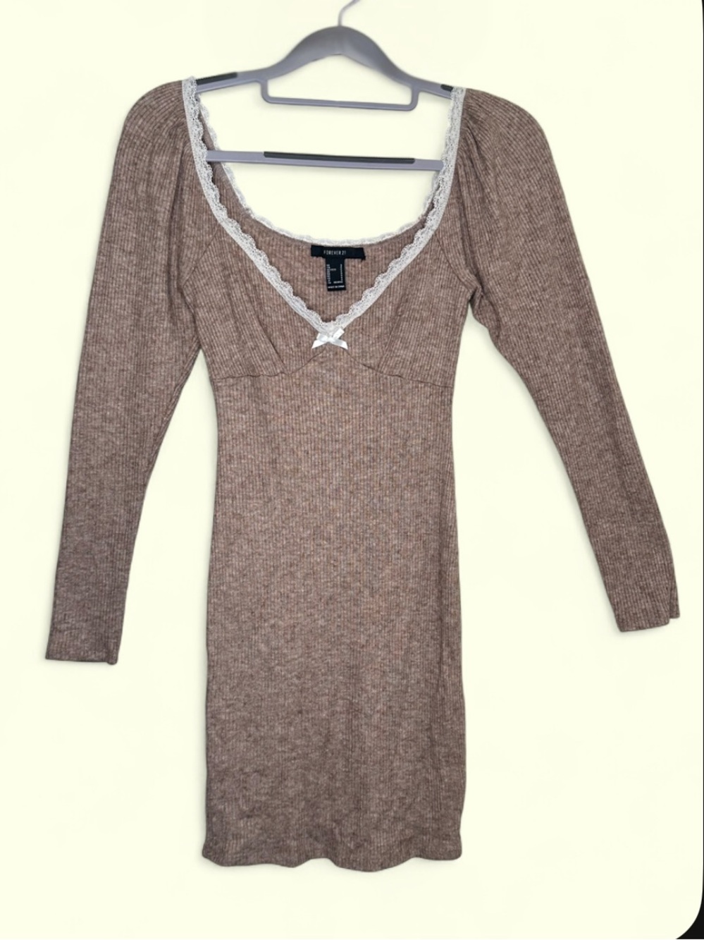 Y2K Coquette Dainty babydoll brown ribbed knit lace trim long sleeve mini dress
